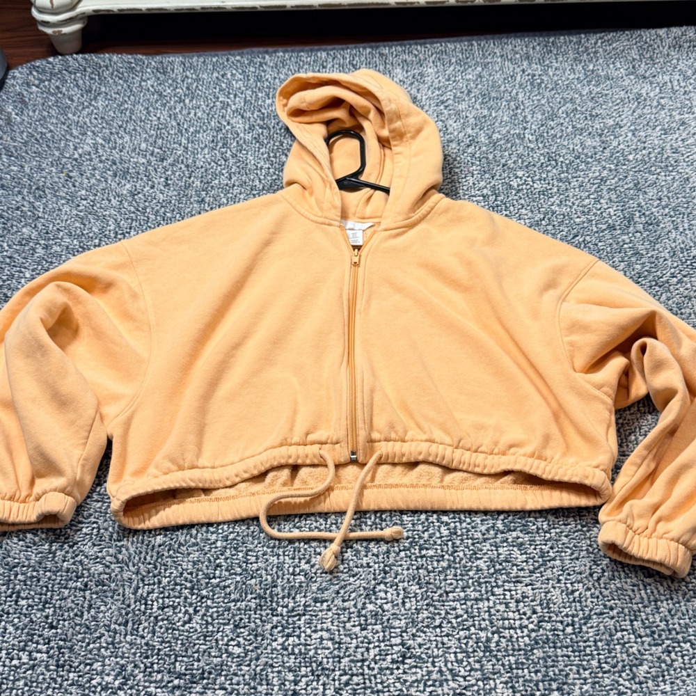 HM Peach Orange Cropped Zip Up Hoodie Sweatshirt Drawstring Hem Medium